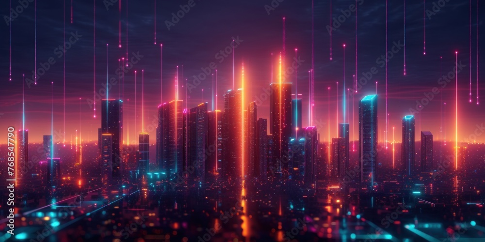 Fototapeta premium Neon Lights Illuminate a Futuristic Skyline at Dusk in a Modern Cityscape
