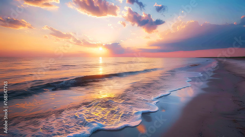 Sunset over a serene beach with golden light reflecting on gentle waves and shore