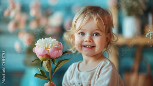 Joyful Young Girl with Blonde Hair Holding a Peony Flower in a Pastel Blue Environment