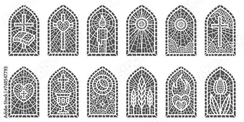 Glass church windows with mosaic. Religious catholic and christian frames with pattern. Medieval stained arches isolated on white background