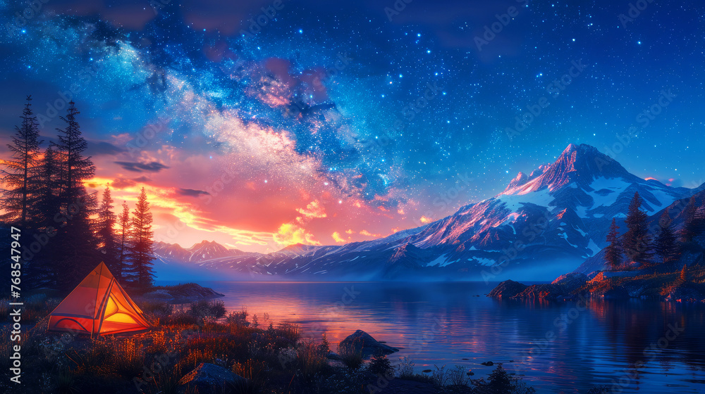 Illuminated Tent Under Starry Sky in Mountainous Terrain at Twilight - obrazy, fototapety, plakaty 