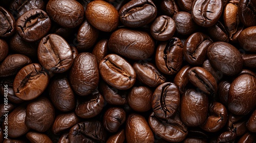Close-up of roasted coffee beans. Dark brown and oily, the beans are roasted to perfection.
