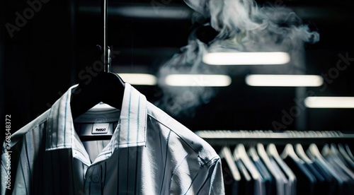 Wispy tendrils of steam rise from a freshly ironed shirt hinting at the warmth and care that went into its preparation, concept of Attention to detail, created with Generative AI technology 
