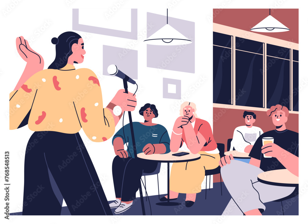Audience and woman comic at standup comedy show, open mic. Female comedian at microphone in front of laughing public in stand-up club, live humor performance with jokes. Flat vector illustration - obrazy, fototapety, plakaty 