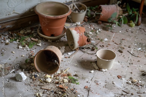 disassembled ceramic flower pot on floor © studioworkstock