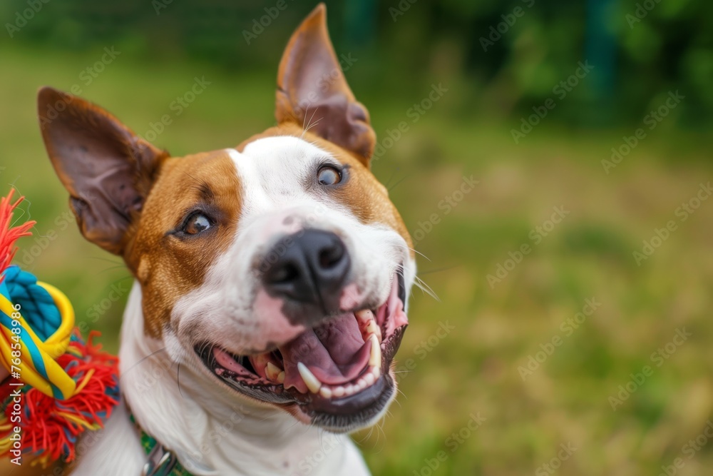 staffordshire bull terriers gleeful expression with chew toy