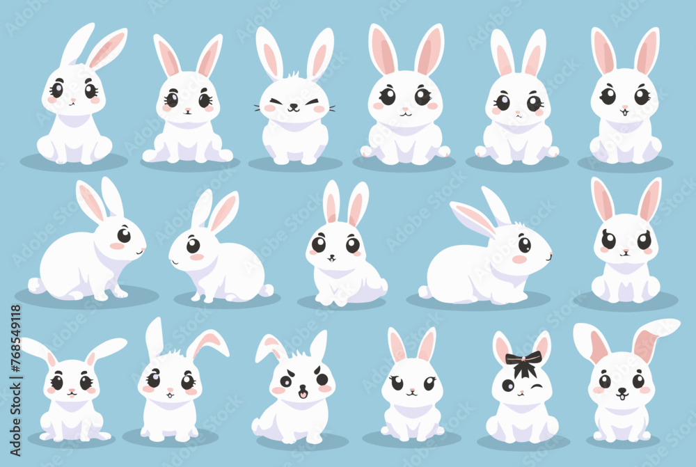 Obraz premium Collection of adorable, fluffy white bunnies around a cheerful 'Happy Easter' greeting, set against a soft pastel blue background, perfect for festive Easter designs and joyful springtime projects.