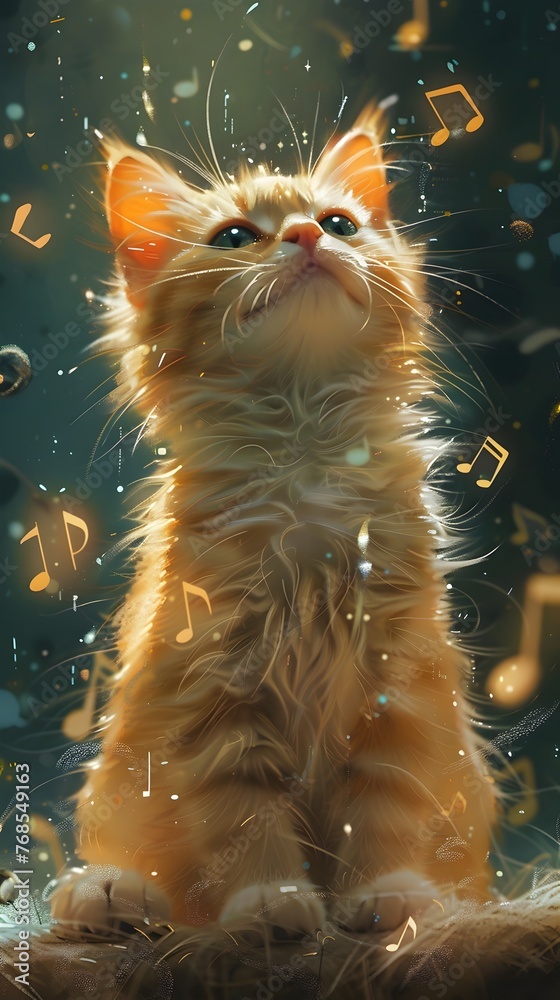 Munchkin Cat Daydreaming Amidst Musical Notes in Whimsical Fantasy