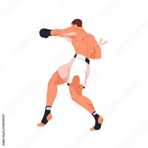 Kickboxing fighter. Kick-boxing wrestler in action pose, attacking position, ...