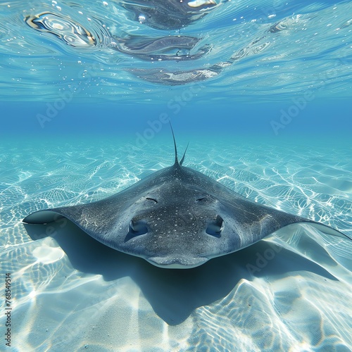This image shows a stingray swimming in the ocean. The stingray is a large, flat fish with a long tail. © Vector