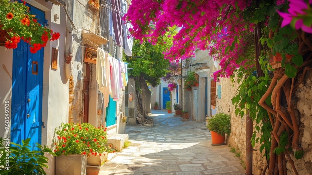 Charming narrow street with colorful flowers in pots and hanging baskets. Traditional stone houses with wooden shutters and doors. Cobblestone street.