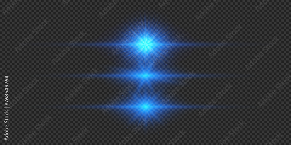 Set of blue horizontal light effects of lens flares