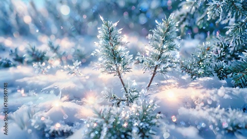 Immerse yourself in the holiday spirit with a charming Christmas pine tree covered in snow, set against a backdrop of sparkling bokeh lights