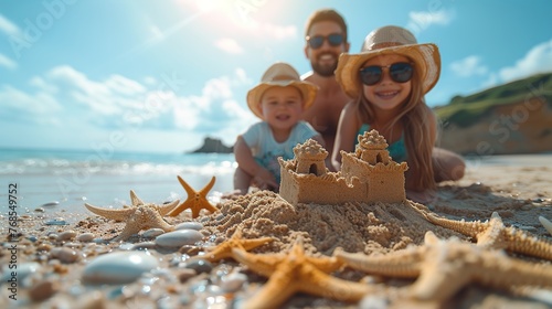 Family on beach making sand castles smiling. Generative Ai. 
