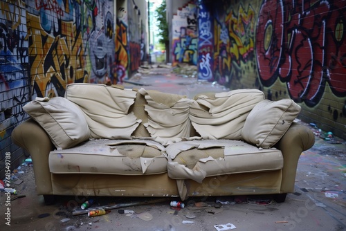 sofa with ripped cushions in a graffiticovered alley