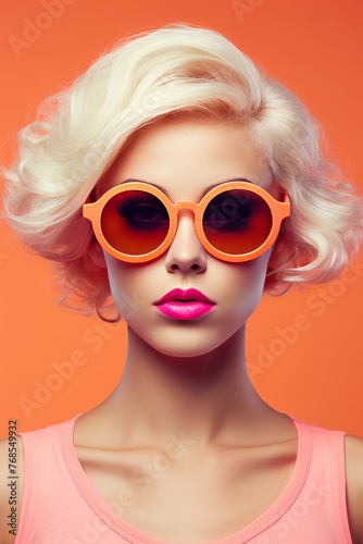 Vintage pastel summer vibes stylish woman in oversized sunglasses, collage art background