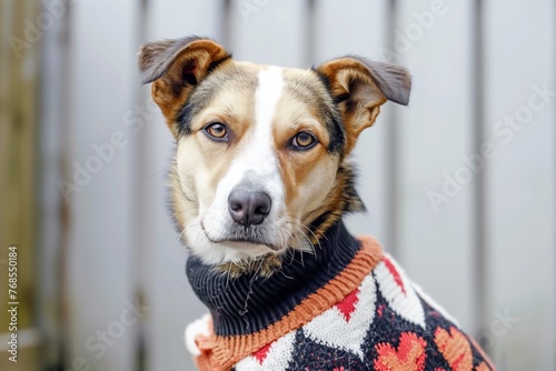 dog wearing a heartpatterned sweater, sitting calmly photo