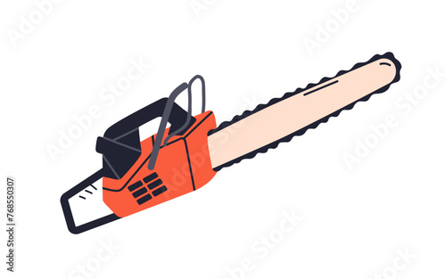 Electric chainsaw. Gasoline chain saw with sharp teeth blade. Engine building machine for cutting. Motor device, cutter equipment. Flat graphic vector illustration isolated on white background