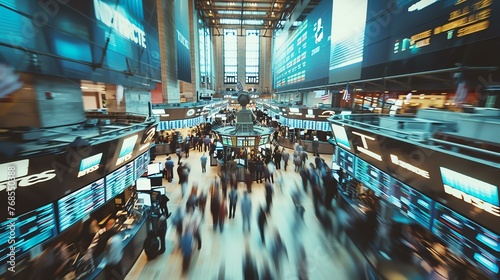 Motion blurred image of busy stock exchange floor with traders rushing around