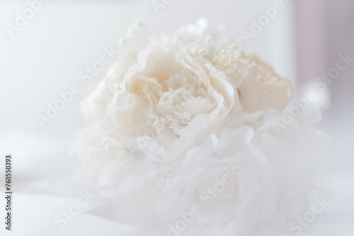 White rose and white hydrangea flowers, blossoming soft pastel floral background, wedding bouquet, flower card