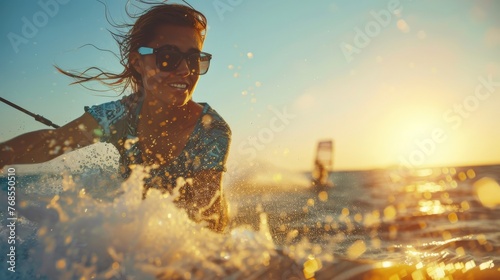 Active woman paddling on a sunny day with sparkling water around © Georgii