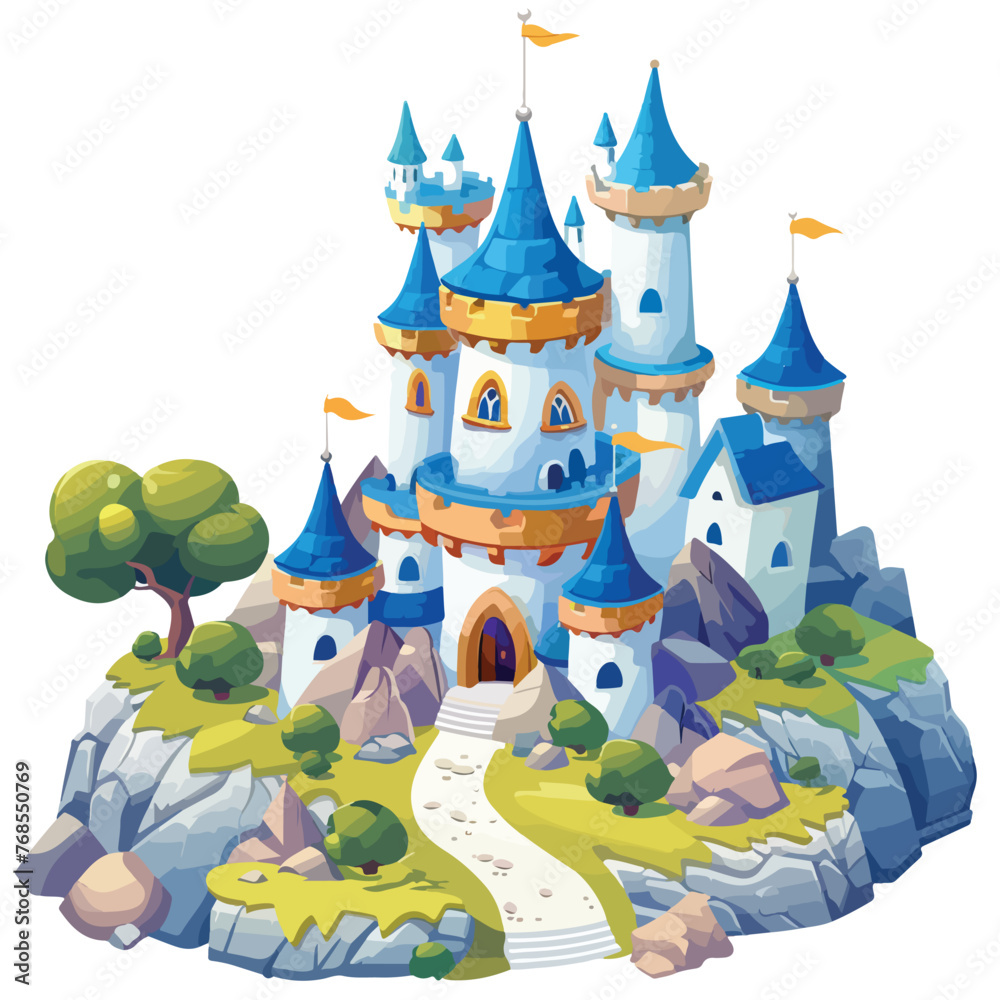 Mountain castle from a fairy tale. With rocks trees a