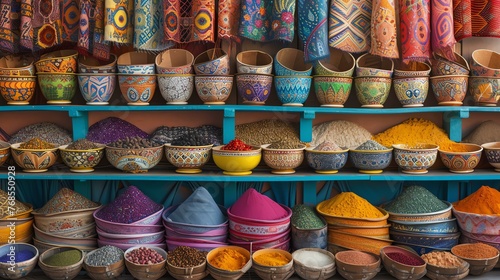 A vibrant and colorful display of spices and textiles in a Moroccan market. photo