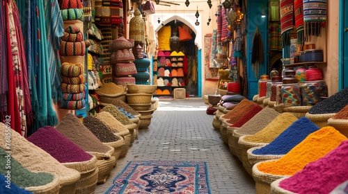 A vibrant and bustling Moroccan souk, with colorful spices, textiles, and other goods on display. © Vector