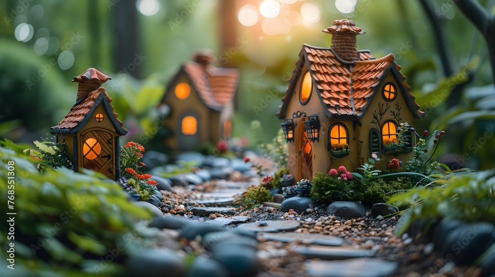 A whimsical fairy garden, with miniature houses and tiny pathways as the background, during a magical twilight hour