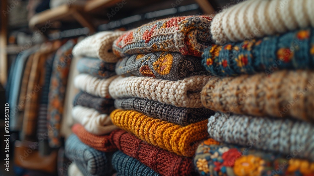 Different knitted sweaters in a wardrobe, close up. Concept warm clothing. Generative Ai. 
