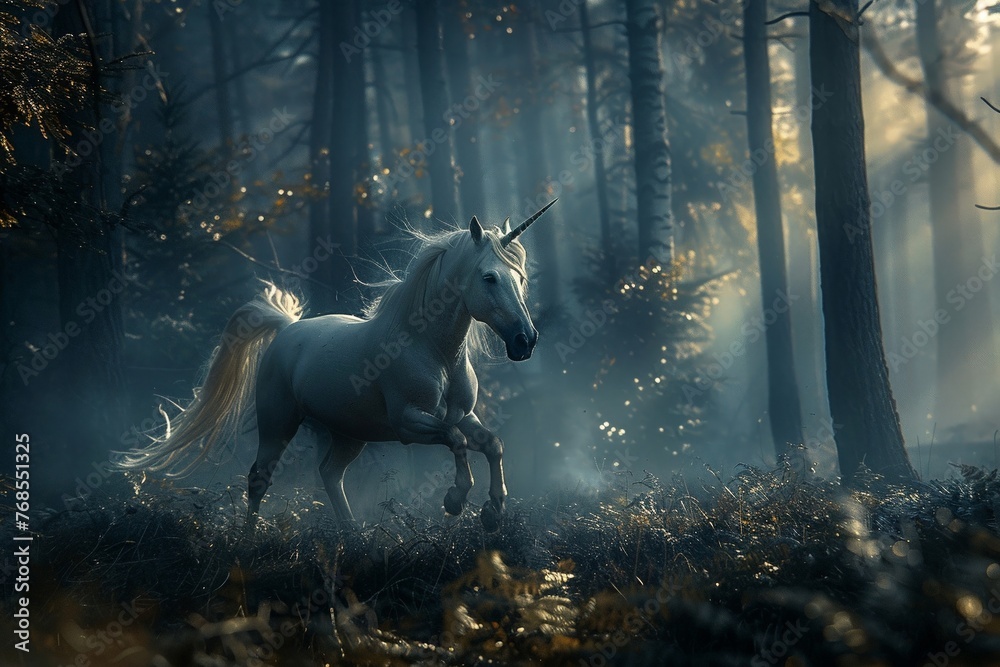 A unicorn galloping through a dark forest, guided by the light of a blazing aurora, captured with depth of field, 