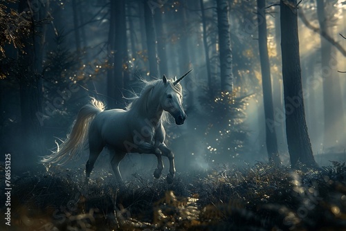 A unicorn galloping through a dark forest  guided by the light of a blazing aurora  captured with depth of field  