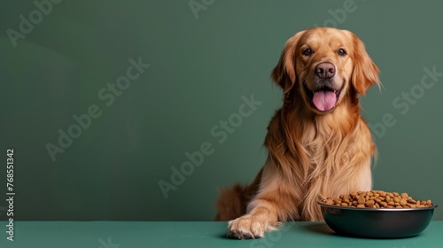 Happy golden retriever enjoying a meal in a minimalist setting