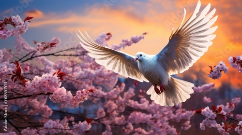 White dove soaring in sunny sky with blooming cherry blossom trees in the background © Aliaksandra