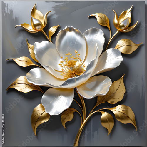 High-quality artwork mother-of-pearl silver white lacquerware and gold a flower with meticulous design by devoid of shine.(Generative AI)