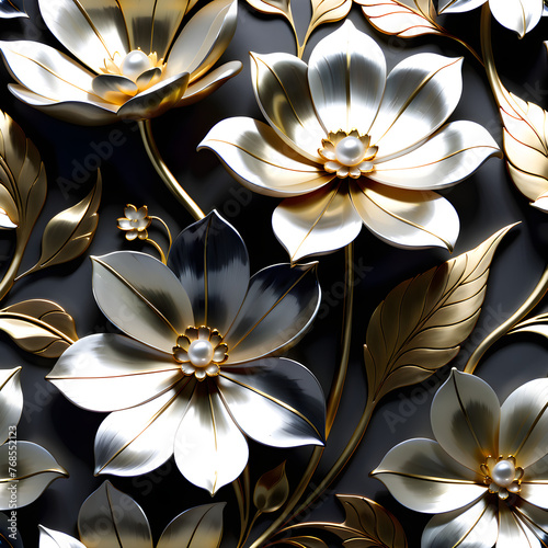 High-quality artwork mother-of-pearl silver white lacquerware and gold a flower with meticulous design by devoid of shine.(Generative AI) photo