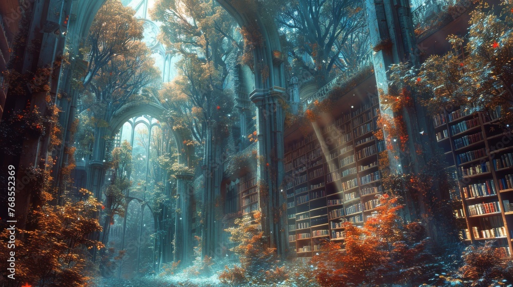 A magical library with books that whisk the reader away to the worlds within their pages, depicted with rich textures and a mystical color palette. - obrazy, fototapety, plakaty 