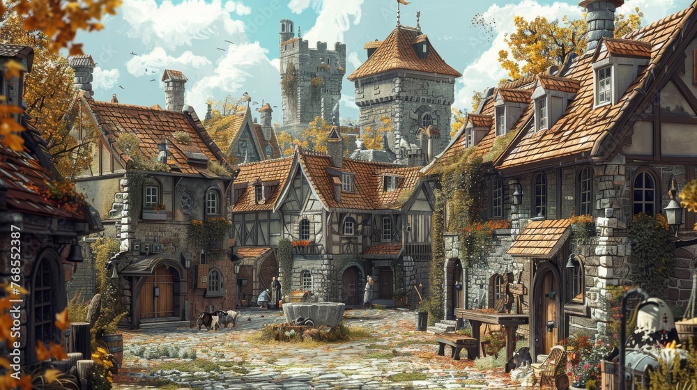 Fototapeta premium A medieval village where the inhabitants are animals dressed in period attire, going about their daily lives, illustrated with rich, earthy tones and textures.