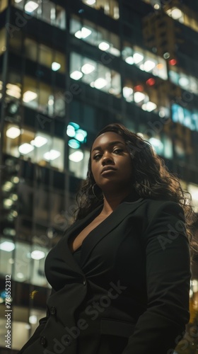 A businesswoman stands in a night time cityscape. 