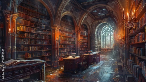 A magical library with books that whisk the reader away to the worlds within their pages, depicted with rich textures and a mystical color palette. photo