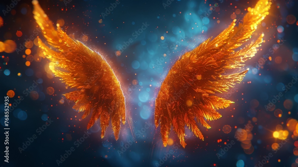 A pair of glowing angel wings on a backdrop of night, employing multiple layers and blending modes for a celestial effect. - obrazy, fototapety, plakaty 