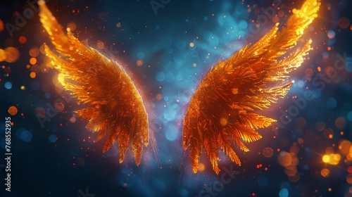 A pair of glowing angel wings on a backdrop of night, employing multiple layers and blending modes for a celestial effect. photo