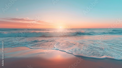 A serene beach scene at sunset, with a glass blur effect overlay on the horizon line to simulate a gentle, dreamy transition between sky and sea. © Exnoi