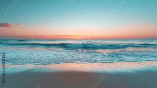 A serene beach scene at sunset, with a glass blur effect overlay on the horizon line to simulate a gentle, dreamy transition between sky and sea. © Exnoi