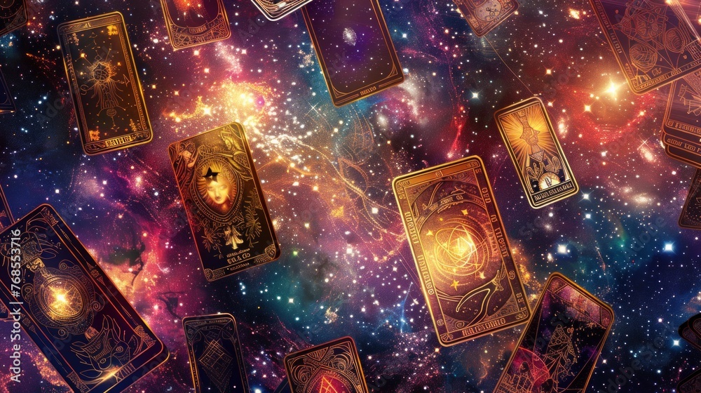 Tarot Cards Drifting in a Cosmic Galaxy Background