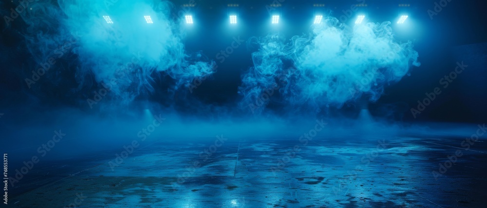 It shows dark stage shows, a dark blue background, an empty dark scene, neon lights, spotlights. The asphalt floor and studio room have smoke floating up the interior texture of the display area.