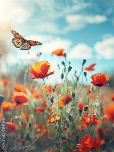 Beautiful red poppy flowers and Monarch butterfly in spring in nature outdoors on sunny day. Blooming poppies. © Lubos Chlubny