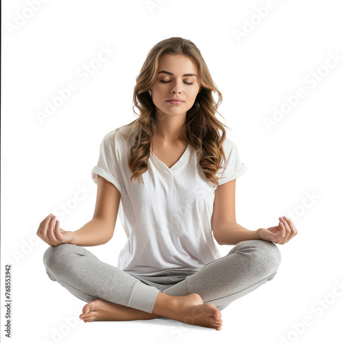 A beautiful girl is sitting in a lotus position with her eyes closed on transparency background PNG

