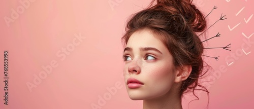 A woman making a choice in a profession or other aspects of her life on a pink background is surrounded by arrows depicting the idea of making a choice.