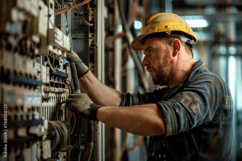 Professional electrician man works in a switchboard with an electrical connecting cable, Electrician repairing Professional electrician man works in a switchboard with an electrical connecting cable, Electrician repairing